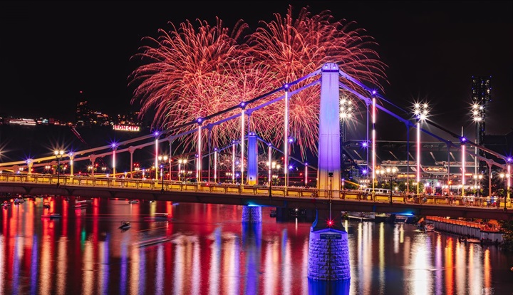 Fourth of July fireworks over the Sister Bridges in the City of Pittsburgh