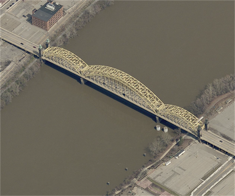Helicopter view of the David McCullough (Sixteenth Street) Bridge in Pittsburgh